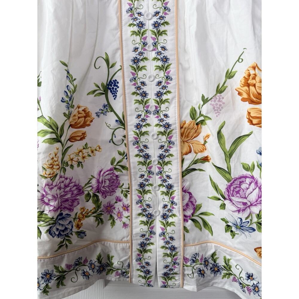 Calypso White Floral V-Neck Puff Sleeve Bordered Mini Dress Size M - Picture 10 of 13